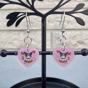 2/$10 Kuromi Sanrio Heart Design Tea Party Dangle Earrings NWT, Handmade